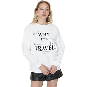 Trendyol Dames ronde hals met slogan Regular Sweater, wit, XL, Kleur: wit, XL