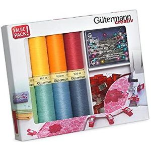 Gutermann Creativ Allesnaaigaren - Set van 8 spoelen van 100 m + 15 stoffen clips + PRYM kleurrijke parelspelden, diverse kleuren