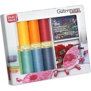 Gutermann Creativ Allesnaaigaren - Set van 8 spoelen van 100 m + 15 stoffen clips + PRYM kleurrijke parelspelden, diverse kleuren