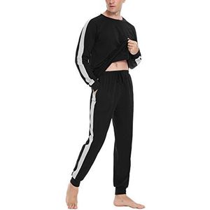 Doaraha Pyjama voor heren, tweedelige nachtkleding, lang, katoen, lange mouwen, slaapkleding, huispak, ronde hals, slaapshirt en geruite pyjamabroek voor herfst en winter, Stripen-zwart, S