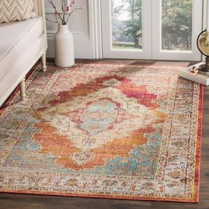 SAFAVIEH Boho tapijt voor woonkamer, eetkamer, slaapkamer, kristalcollectie, laagpolig, oranje en lichtblauw, 152 x 244 cm