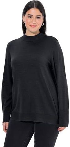 Ulla Popken Dames, opstaande kraag, lange mouwen, geribbelde manchetten pullover, zwart, 42/44