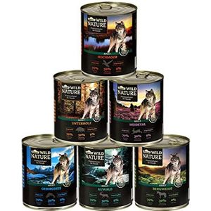 Dehner Wild Nature Hondenvoer, testset, natvoer, graanvrij, suikervrij, voor volwassen honden, eenden/paard/wild/konijnen, 6 x 800 g blik (4,8 kg)
