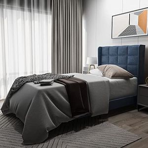 Merax Gestoffeerd bed eenpersoonsbed | 90 x 200 cm | bedframe | lattenbodem | gevoerd hoofdeinde | linnen | volwassenen jongeren | zonder matras | blauw