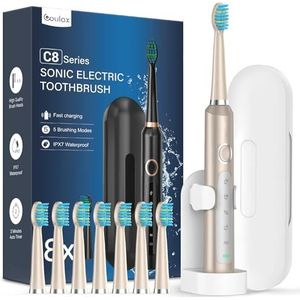 Elektrische Sonische tandenborstels voor volwassenen met 8 koppen, elektrische tandenborstel met reisetui, 5 modi en IPX7, ultrasone elektrische tandenborstels voor familie, reizen, mat goud
