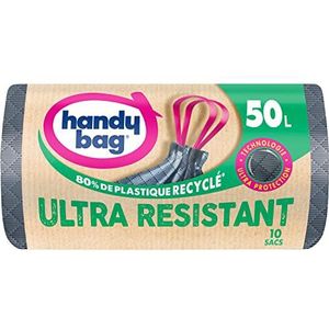 Handy Bag Vuilniszakken met schuifhandgrepen, zeer robuust en lekvrije bodem, 100% gerecycled kunststof, 1 rol met 10 vuilniszakken, 50 l