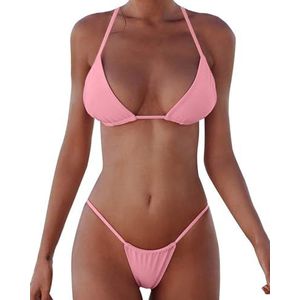 XUNYU Bikini Set Bandage Solid Braziliaanse Badmode Tweedelig Badpak Gewatteerde String Badpakken, Bikini Set Roze, S