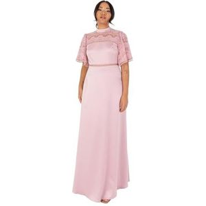 Maya Deluxe Dames Dames Dames Maxi Flutter Sleeve Ronde Hals Lace Trim Satijn voor Bruiloft Guest Avondfeest Occasion Prom Ball Gown Jurk, roze (blush pink), 40