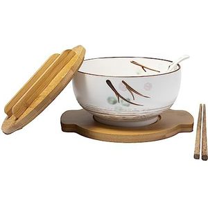 lachineuse - Grote Aziatische Porseleinen Kom - Soep & Noedels - Witte Tint ø 16 cm - Japanse Zen Stijl - Inhoud 1000 ml - Lepel, Eetstokjes & Houder - Decoratief Japans Serviesgoed