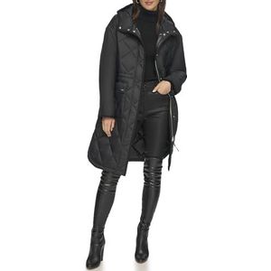 DKNY Dames Button Down Long Quilted Coat Quilt, zwart, L