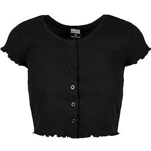 Urban Classics Dames T-shirt kort rib-bovendeel met knoopsluiting en rolzoom, vrouwen Cropped Button Up Tee, verkrijgbaar in vele kleuren, maten XS - 5XL, zwart, 5XL