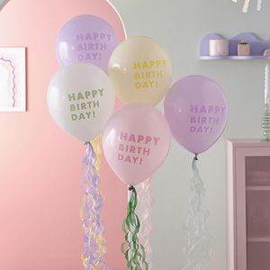 Ginger Ray Pastel 'Happy Birthday' Latex Ballonnen Bundel met Papieren Staarten 5 Pack