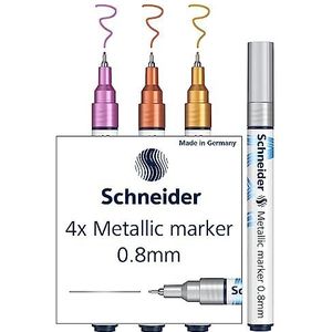 Schneider Paint-It Metallicmarker Set van 4 (set 2, lijndikte 0,8 mm, nieuwe pigmenttechnologie, sterk glittereffect) zilver, goud, koper, violet