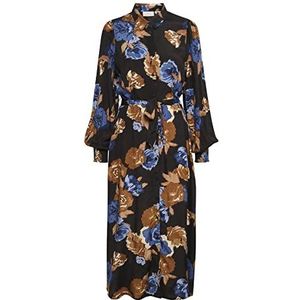 KAFFE Dames T-shirt, Dress Maxi Tie Waist Printed Long Sleeve, zwart/bruin/Big Flower, 34