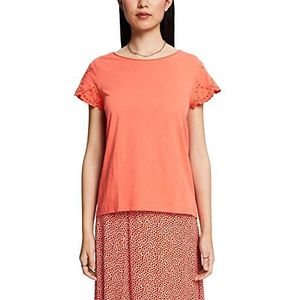 ESPRIT T-shirt met geborduurde mouwen, 100% katoen, Coral Oranje, XS