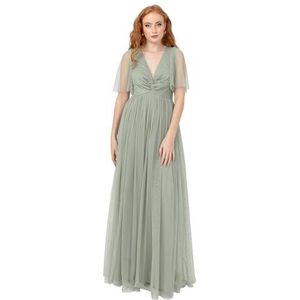 Anaya with Love Maxi-jurk voor dames, korte mouwen, fluttermouwen, V-hals, twist front, Empire, A-lijn, tule, bruidsmeisje, bruiloft, gala, dames, Frosty Green, 36