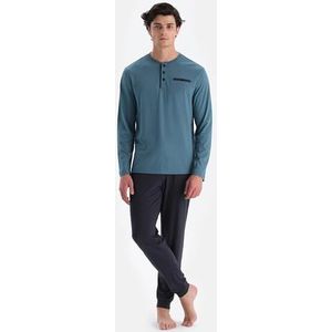 Dagi Heren Blue Half-Placket Long Sleeve Jogger Pants Pyjama Set, 2XL, blauw, XXL