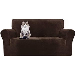 MAXIJIN Dikke fluwelen bankhoezen 2-zits super stretch antislip Loveseat hoezen voor woonkamer honden kat huisdier pluche liefdesstoel bank slipcovers meubelbeschermer (2-zits, donkere koffie)