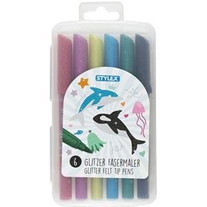 Stylex 64016 - glitter viltstiften voor kinderen, 6 kleuren in hersluitbare doos, voor schilderen, knutselen en tekenen