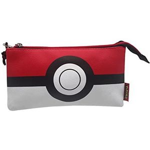 Pokémon Drievoudig pennenetui, 5 vakken, schoolmateriaal, etui, pokeball, wit en rood, officieel product (CyP Brands)
