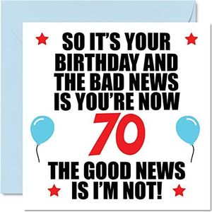Grappige 70e verjaardagskaart voor mannen vrouwen - slecht nieuws - gelukkige verjaardagskaarten voor 70-jarige vader mama tante oom Nan Grandad, 145 mm x 145 mm zeventigste verjaardag wenskaarten
