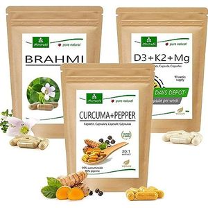 MoriVedaÂ® ""Brain Power"" productpakket | Brahmi-capsules, Curcuma+Peper-capsules, Vitamine D3+K2+Mg-capsules | bacosiden, antioxidanten, vitamines, mineralen