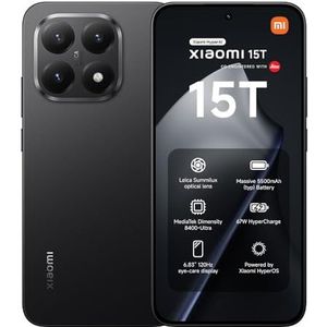 Xiaomi 15T, Smartphone 12+256GB, 6,83"" 120Hz display, MediaTek Dimensity 8400-Ultra, 50MP Leica Summilux optische lens, 5500mAh, Zwart, Oplader niet inbegrepen, Fabrieksgarantie 2 jaar