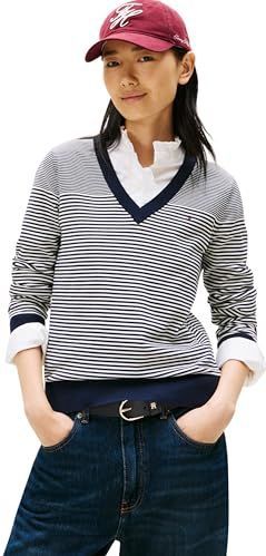 TOMMY HILFIGER - Trui - Navy/Rood/Wit - V-hals - Gestreept