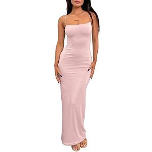 LILLUSORY Dames Zomer Casual Slip Jurken Spaghetti Strap Bodycon Maxi Jurk, roze, S