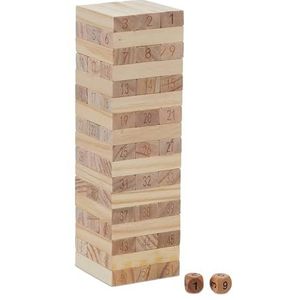 Relaxdays vallende toren, met 51 houten blokjes, cijfers & dobbelstenen, gezelschapsspel, HBD 26,5x7,5x7,5 cm, natuur