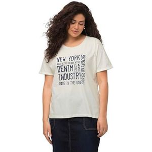 Ulla Popken, Dames, grote maten, T-shirt, denim print, oversized, ronde hals, halve mouwen, gebroken wit, 46/48 Grote maten
