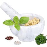 Relaxdays vijzel met stamper, marmer, kruiden & specerijen, voor pesto's & sauzen, kruidenvijzel Ø 11,5 cm, grijs/wit