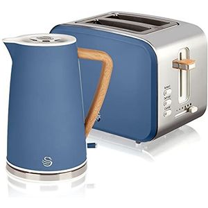 Swan Nordic ontbijtset, draadloze waterkoker, 1,7 l, 2200 W, broodrooster met brede sleuf, 2 sneden, 3 functies, modern design, houtlook, mat blauw