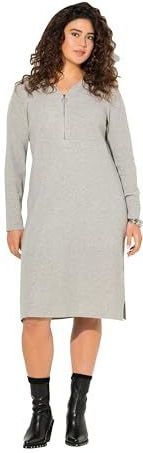 Ulla Popken Dames grote maten grote maten plus size ribjersey midi-jurk met ritssluiting, A-lijn, V-hals, lange mouwen, Lichtgrijs Mélang, 42/44 NL