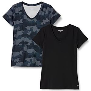 Amazon Essentials Dames Tech Stretch T-shirt met korte mouwen en V-hals (verkrijgbaar in grote maten), 2-Pack, Marineblauw Camo/Zwart, XS
