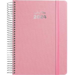 Grafoplás A5 jaarplanner 2024 | roze | 15 x 21 cm | Spaans | spiraalbinding | dagpagina | hardcover met stof bekleed | rubberen sluiting | Fancy serie, januari tot december, jaar 24 | perfect voor het