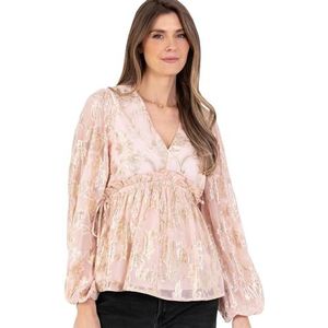 Lovedrobe Peplum Damestop, lange mouwen, V-hals, goudfolie, gebloemd, jacquard, geharde taille, ruffle frill blouse, lichtroze, maat 36, roze (pale pink), 36