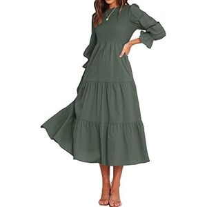BTFBM Women Casual Long Sleeve Dress Fall Dresses 2025 Solid Color Relaxed Fit Smocked Tiered Flowy Boho Long Dresses(Solid Army Green,XX-Large)