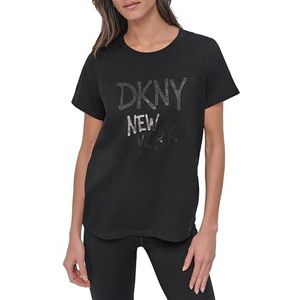 DKNY Rhinestone Graffiti T-shirt met korte mouwen voor dames, Relaxed Fit, Crew Neck Tee, Zwart, XL