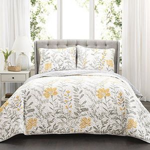 Lush Decor Aprile Reversible Floral Quilt King Size 3 Piece Set King, Yellow & Gray - Bedding Set - Floral Quilt - Cottage Bedroom Décor