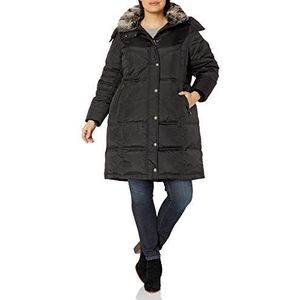 LONDON FOG Women's Plus-Size Mid-Length Faux-Fur Collar Down Coat with Hood, Black, 2X