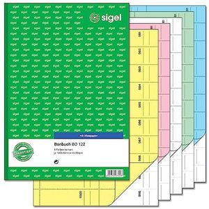 SIGEL BO122 bonboeken bonblocks voordeelverpakking in 5-delige set à 1000 scheuren, in geel, roze, wit, groen, blauw, A4, 2 x 50 vellen (elk genummerd van 1-1000)