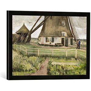 Ingelijste afbeelding van Vincent Van Gogh De Laakmolen bij Den HAAG - De windmolen, kunstdruk in hoogwaardige handgemaakte fotolijst, 60 x 40 cm, mat zwart
