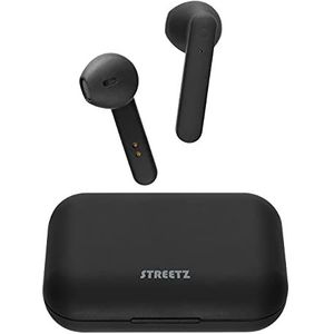 STREETZ TWS-104 Stereo Bluetooth koptelefoon, in-ear draadloze hoofdtelefoon, Bluetooth 5.0 oordopjes met geïntegreerde microfoon en snellaadcase, tot 12 uur muziekweergave, comfortabele grip, zwart