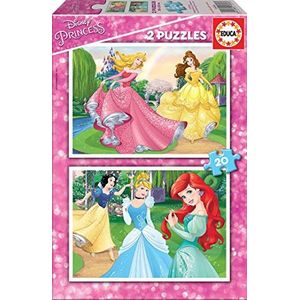 Educa 16846, Disney prinsessen, 2 x 20 stukjes puzzel, kinderpuzzel vanaf 3 jaar, Belle, Sneeuwwitje, Arielle, Assepoester, doornroosje