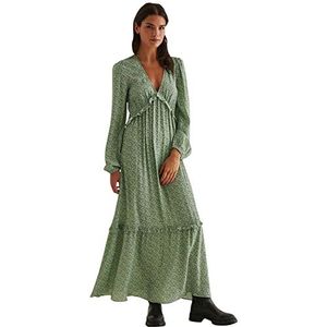 NA-KD Maxi franjesjurk met ballonmouwen voor dames, casual, Groene Bloem, 36