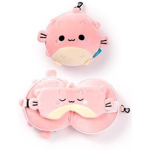 Puckator Relaxeazzz Adoramals Reiskussen van pluche en oogmasker, slaapmasker van pluche voor vliegtuig, vliegkussen voor kinderen en volwassenen, mooi slaapmasker, meerkleurig, Veelzijdig te