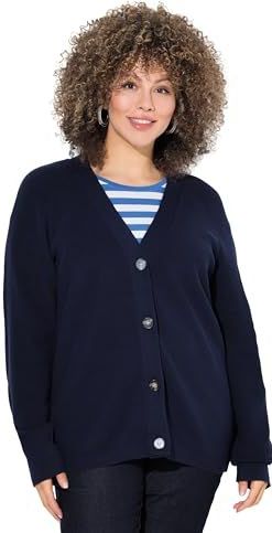 Ulla Popken - Gebreid Vest - Marine - V-hals - Lange Mouw