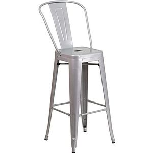 Flash Furniture Barkruk met rugleuning, metalen barstoel voor binnen en buiten, ideaal voor keuken, bar of bistro, set van 4, zilver