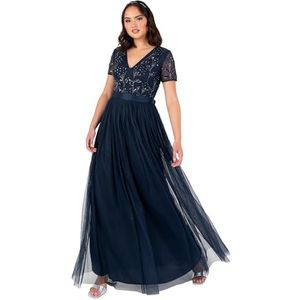 Maya Deluxe Dames Bloemen Sequin Versierd V-hals Korte Mouwen Tulle Sash Tie Riem Empire A-lijn Bruidsmeisje Jurk, donkerblauw, 48